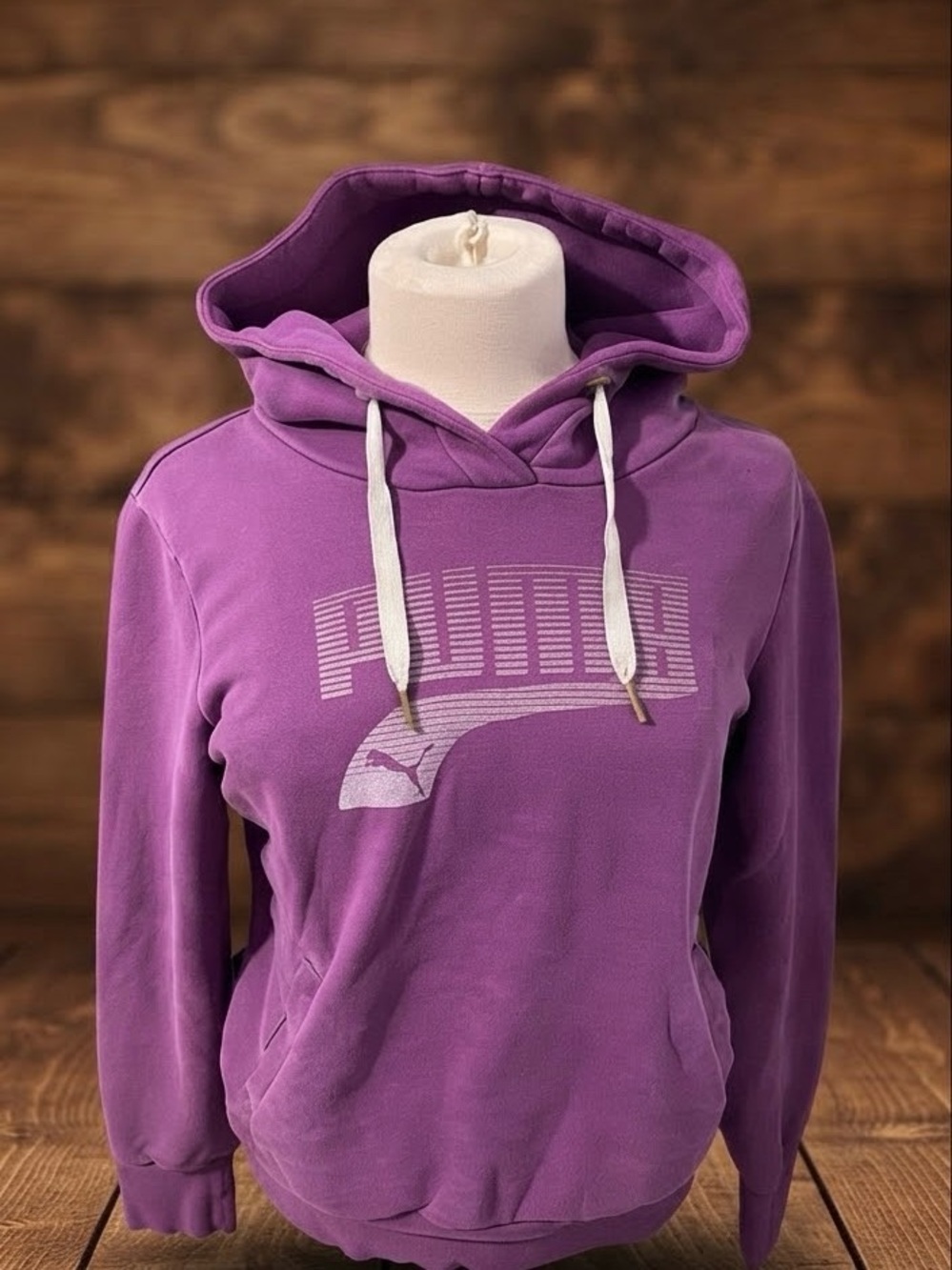 Puma Purple Graphic Logo Hoodie - White Drawstrings - Women's Medium